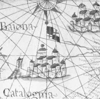 Fragmento de una carta náutica dibujada a mano que muestra dos ciudades en España.